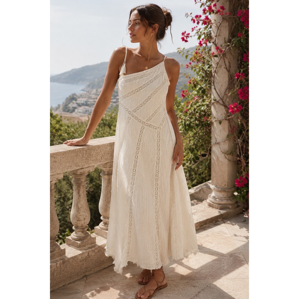 FREE PEOPLE Bella One-Shoulder Maxi Dress M Ivory Lace Boho Raw Hem NWT READ